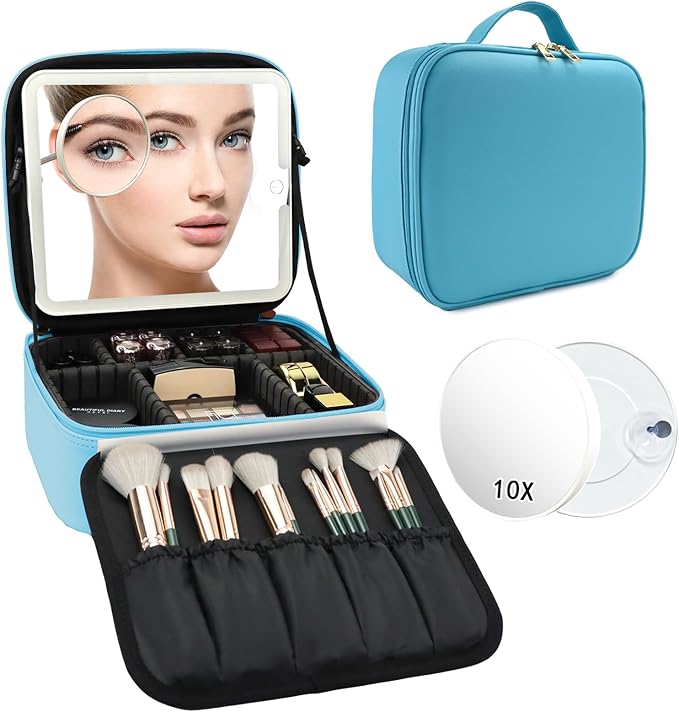 Travel Makeup Bag with LED Mirror and 10x magnifying glass with 3 Lighted Settings, Adjustable Dividers and Makeup Brush Storage Bag Blue