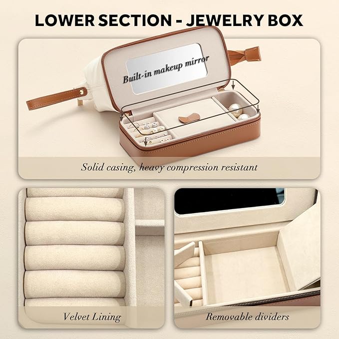 2-In-1 Jewelry Box and Makeup Bag with Mirror - Versatile Travel Jewelry Holder Organizer Cosmetic Bag, Portable Toiletry Bag with Integrated Jewelry Makeup Case for Women Men (White & Brown)