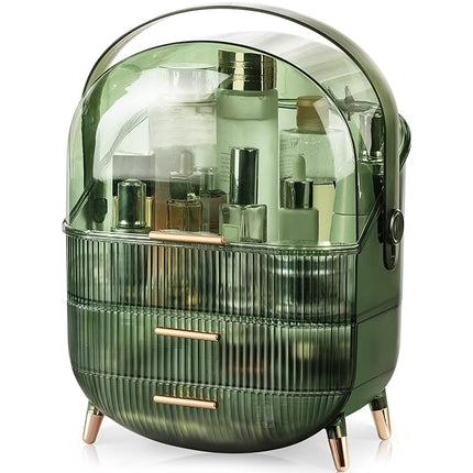 CANITORON Makeup Organizer,Large Capacity Skincare Organizer for Vanity,Cosmetic Organizer with 2 Drawers and Transparent Cover for Bedroom Countertop and Bathroom Countertop Storage.(LGreen)