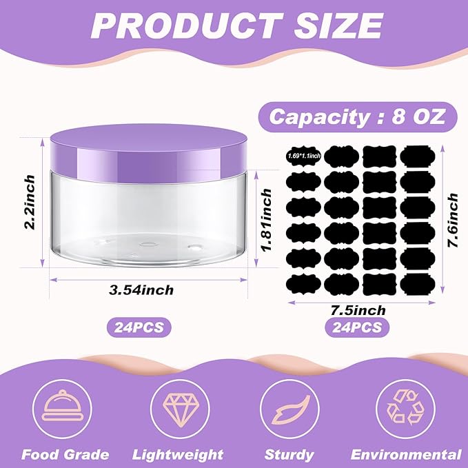 Dandat 24 Pcs 8 oz Plastic Jar Container with Lid and Label Refillable Empty Round Clear with Purple PET Cosmetic Sample Containers for Lotion, Cream, Ointments, Body Butter, Makeup, Travel Storage