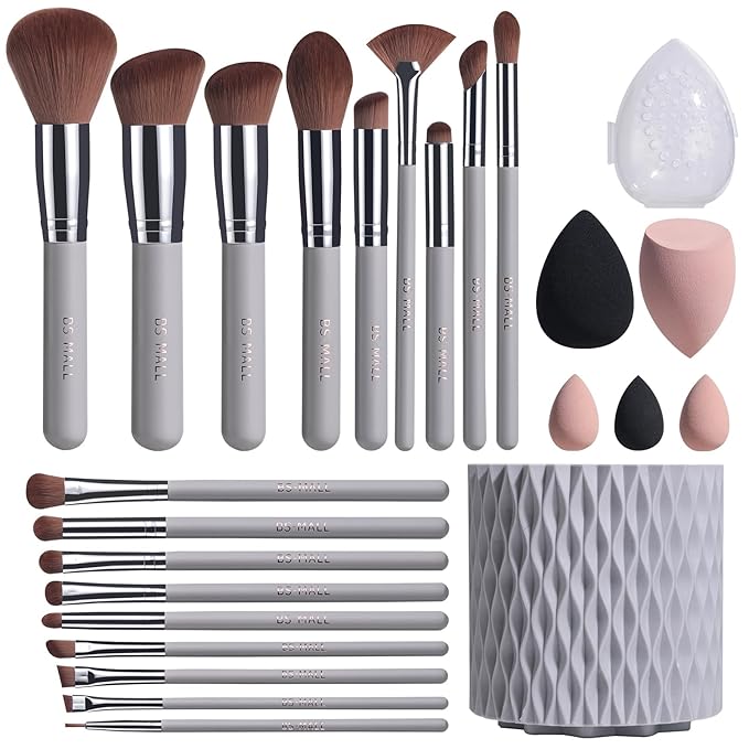 BS-MALL Makeup Brushes Premium Synthetic Foundation Powder Concealers Eye Shadows 18 Pcs Brush Set with 5 sponge & Holder Sponge Case (Grey)