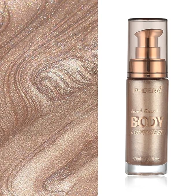 Body Shimmer Oil, Rose Gold Natural Glow Luminizer, Long Lasting Waterproof Moisturizing Liquid Illuminator Highlighter Makeup for a Sun-Kissed Glow, Brush Include, 1oz, Light Medium