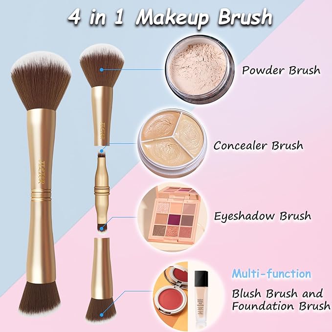 4 in 1 Makeup Brush Set, Travel Makeup Brushes with Case, Foundation Brush/Blush Brush, Eyeshadow Powder Brush,Concealer Brush (gold-silicon brush holder)