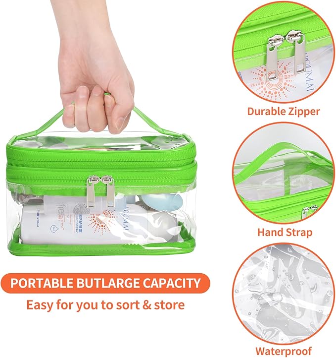 HAOGUAGUA Double Layer Clear Cosmetic Bag Makeup Bag, Waterproof Travel Toiletry Bag, Transparent PVC Pouch Organizer (Green)