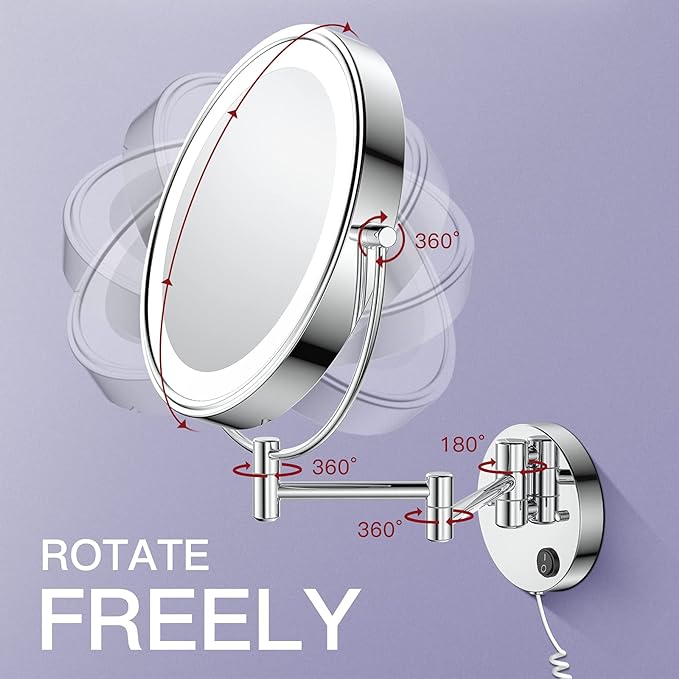 Benbilry 9" Large Size Wall Mounted Lighted Makeup Vanity Mirror, 1X/10X Magnifying 2-Sided AC Plug-in Powered Bathroom Mirror, 360° Swivel 13 Inch Extendable Arm, Chrome