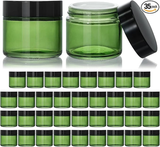 KEYWING 2oz Green Small Glass Jars with Black Lids, 35 Pack Empty Glass Cosmetic Jars with Inner Liners for Lotions, Cream, Powders and Ointments