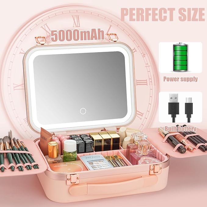 Travel Makeup Train Case With LED Lights, 3 Brightness Adjustable Portable Makeup Organizer, Professional Adjustable Divider Storage Waterproof Makeup Train Case Accessories and Toolboxes