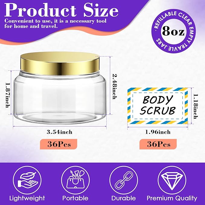 36 Pack 8 oz Plastic Cosmetic Containers With Lids Refillable Clear Empty Travle Jars Containers for Body Butter,Sugar Scrubs,Cream,Lotions,Candy, Waterproof Label&Spatulas - (Black Lid)