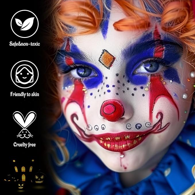Red White Blue Face Body Paint with Applicator, Face Painting Kit for Halloween Crazy Clown Costume Makeup, US Flag Color 4th of July Independence Day America’s Patriotic Parades & Sports Eye Black