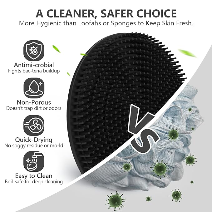 Silicone Body Scrubber with Scrub Net Set, BEAUTAIL 4 Pack for Rich Lather, Deep Cleansing, and Exfoliation – Durable, Easy to Clean, Gentle or Firmer Options – 2 Brushes (BK+BL), 2 Scrub Nets (GY+BL)