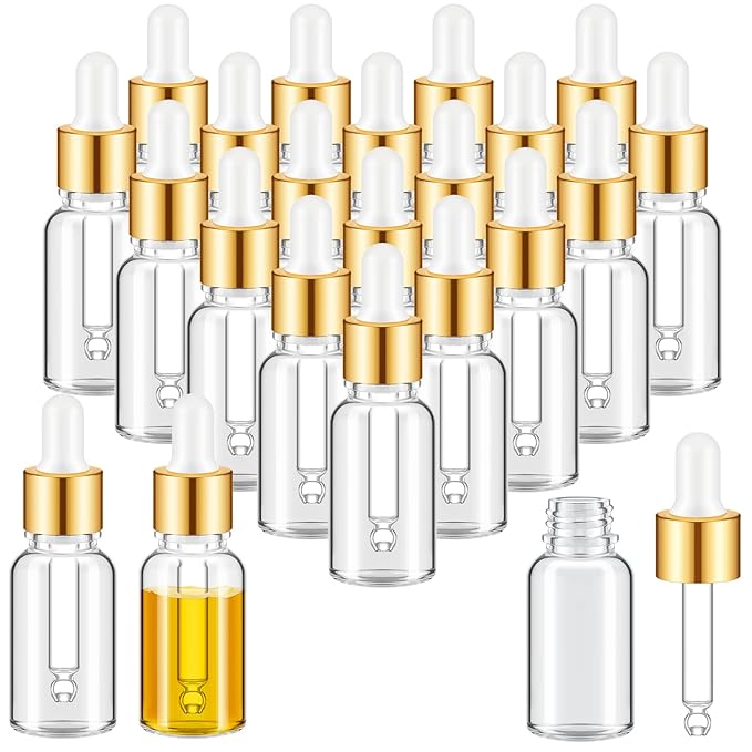 100 Pcs Mini Glass Oil Dropper Bottle Bulk, Clear Essential Small Empty Bottles Sample Containers Perfume Liquid Vials with Cap for Traveling (15 ml,Gold)