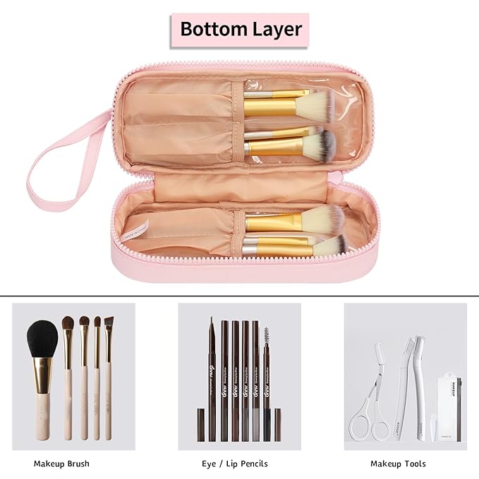 Ethereal Small Makeup Bag, Cute Puffy Travel Makeup Organizer Bag for Women Daily Double Layer Cosmetic Bag Portable Makeup Brush Bags, Pink