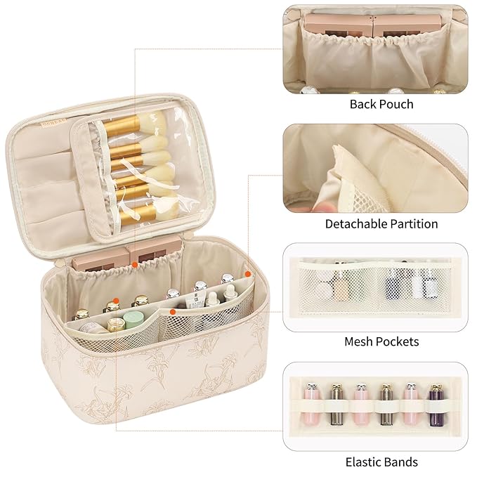 OCHEAL Makeup Bag for Women - Travel Cosmetic Organizer with Brush Slot & Divider, Large Capacity Toiletry Bag for Girls, Travel Makeup Case for everyday Make up Accessories -Beige floral