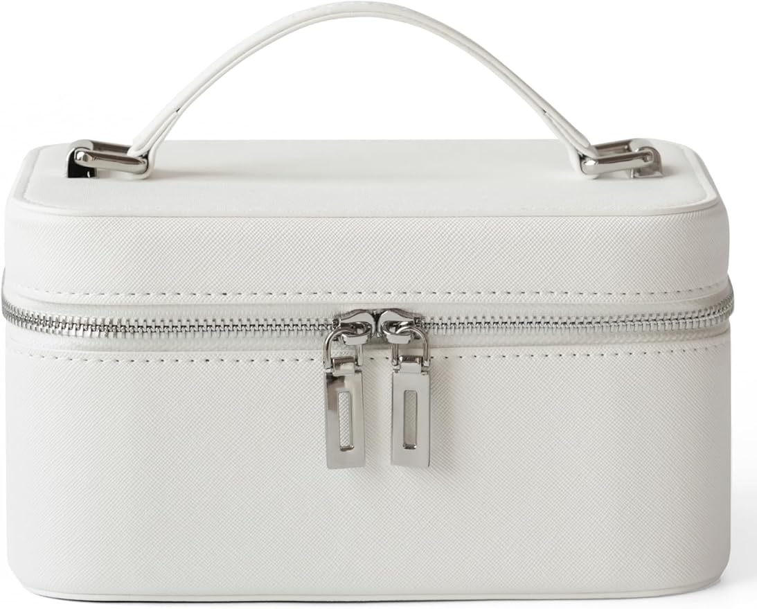 Popvibe Makeup Vanity Bag with Lighted Mirror, Compact Leather Travel Make Up Case with Brush Storage and Handle, White Small Train Case Luxury Cosmetic Case Lighted Up Toiletry Bag for Women, White