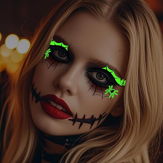 12 Sheets Halloween Luminous Temporary Tattoo, Upper & Lower Lash Designs Waterproof with Scary Motifs for Men & Women Cosplay Party & Festive Looks & Stage Face Makeup Decoration