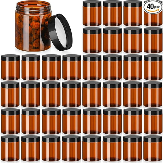 Tanlade 40 Pcs 8 oz Plastic Jars with Lids Round Cosmetic Containers Refillable Containers for Powder Liquid Food Storage Kitchen Cosmetic Lotion Ointments Creams Essential Oil(Amber)