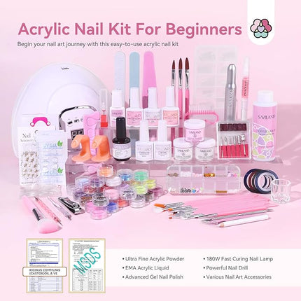 Saviland Acrylic Nail Kit for Beginners: Keratin Acrylic Powder Castor Oil Vitamin E Gel Nail Polish Primer 180W Nail Lamp Nail Drill Full Tools Everything Home Starters