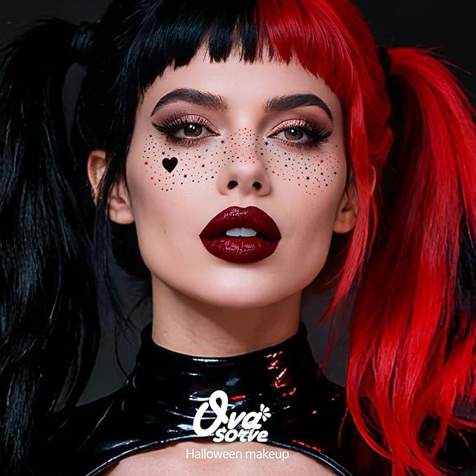 HQ Joker Freckles Face Tattoo - Black & Red Temporary Tattoos with Sinister Smiles | Waterproof Face Makeup for Halloween Costume, Zombie Party & Prisoner Cosplay (8 Sheets)