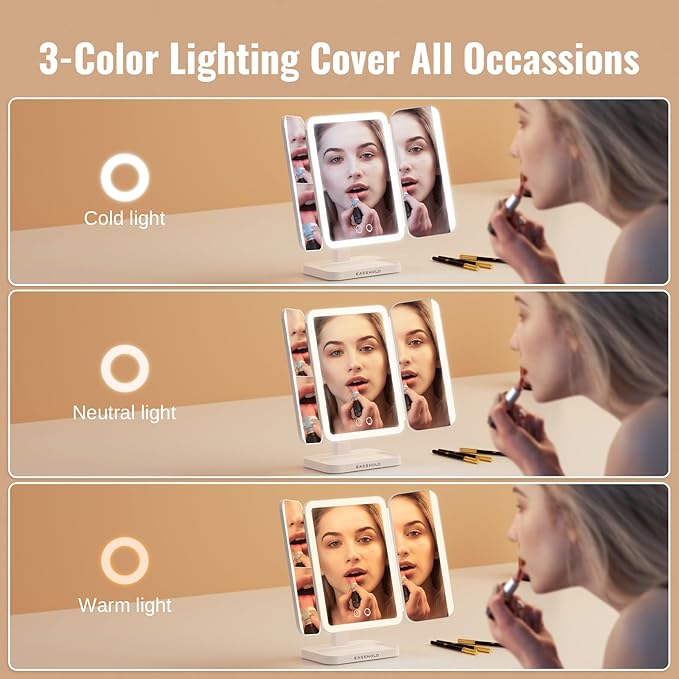 EASEHOLD Makeup Mirror with Lights, Rechargable Lighted Vanity Mirror with 116 LEDs, 1X/2X/3X Magnifying, 3-Color Mirror with LED Lights,5000 mAh Lighted Makeup Mirror, Adjustable Brightness/Angle