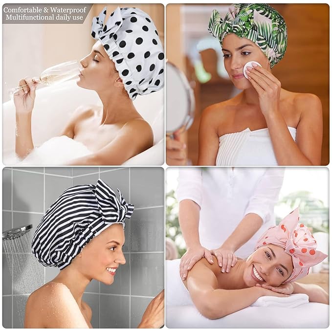 Shower Cap Luxury Shower Caps for Women Reusable Waterproof Hair Cap for Shower with Adjustable Bowknot Hair Bath Cap (Green Palm)