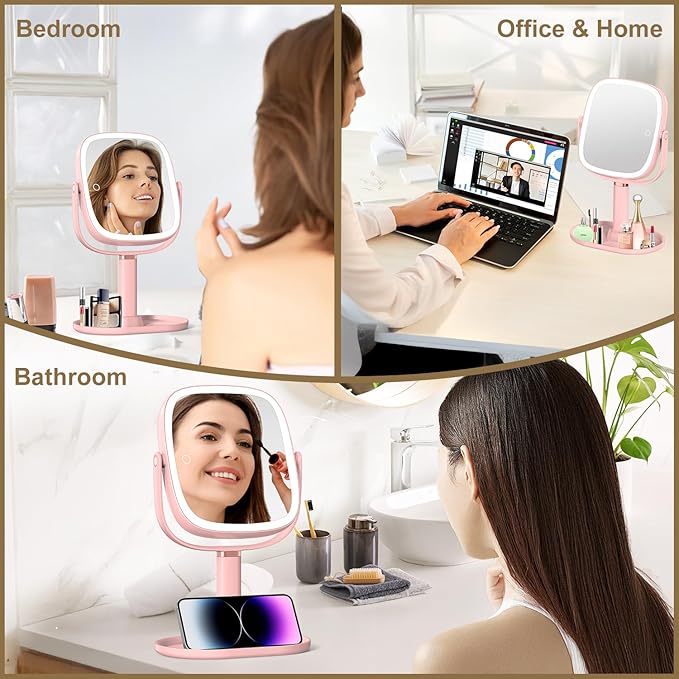 Mocado Makeup Mirror with Lights, 1X/20X Magnifying Mirror with Light, Vanity Mirror with 3 Colors Lights, Height Adjustable Lighted Makeup Mirror, Double Sided 360°Rotation, Memory Function (Pink)