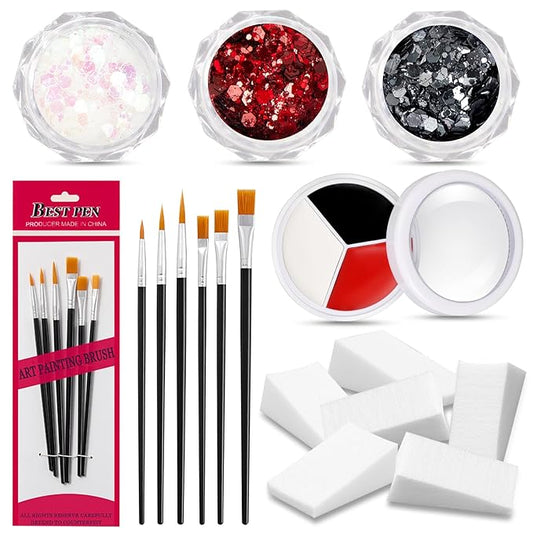 16 Pcs Halloween Face Paint Kit Red White Black Face Paint Kit with Glitter Makeup Brush Sponges for Halloween Cosplay Party Supplies