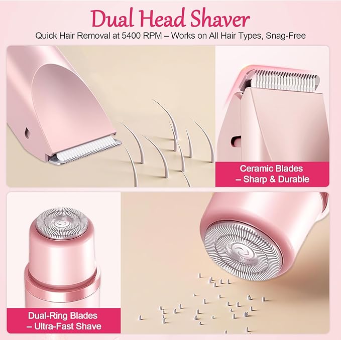 Dermave Bikini Shaver, 2 in 1 Dual Head Bikini Trimmer & Body Shaver, Pain-Free Electric Trimmer for Women, IPX7 Waterproof Wet & Dry, Ceramic Blade, Pink