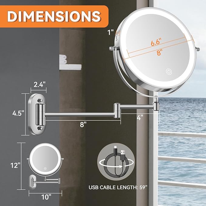 1X/20X Wall Mounted Makeup Mirror with Light, 8" Rechargeable Double-Sided Magnifying Mirror, Vanity Mirror Dimmable 3 Color Light, 360° Extension Rotation Foldable 14.5 Inch Arm, Chrome