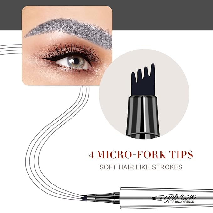 Microblading Eyebrow Pen, Waterproof Gray Eyebrow Pencils for Older Women Soft Hair Like Natural Liquid Eye brow Pen, Four Forks Tip Preciese Brow Contouring Filler Pencil that Looks Like Hair, Grey