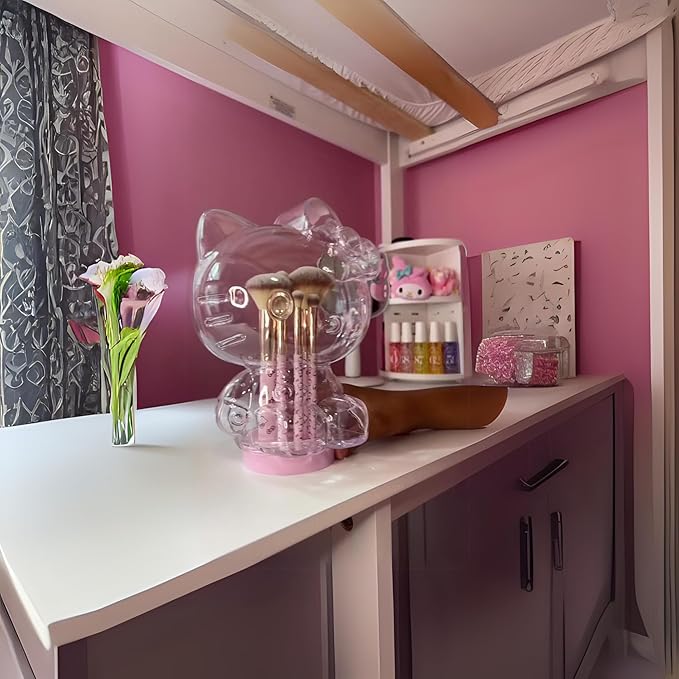 Impressions Vanity Hello Kitty 6 PCs Makeup Brush Set with Clear Cloche, Super Soft Brushes for Foundation, Face Powder, Blending, Eye Shadow with Cute Hello Kitty 3D Holder Organizer