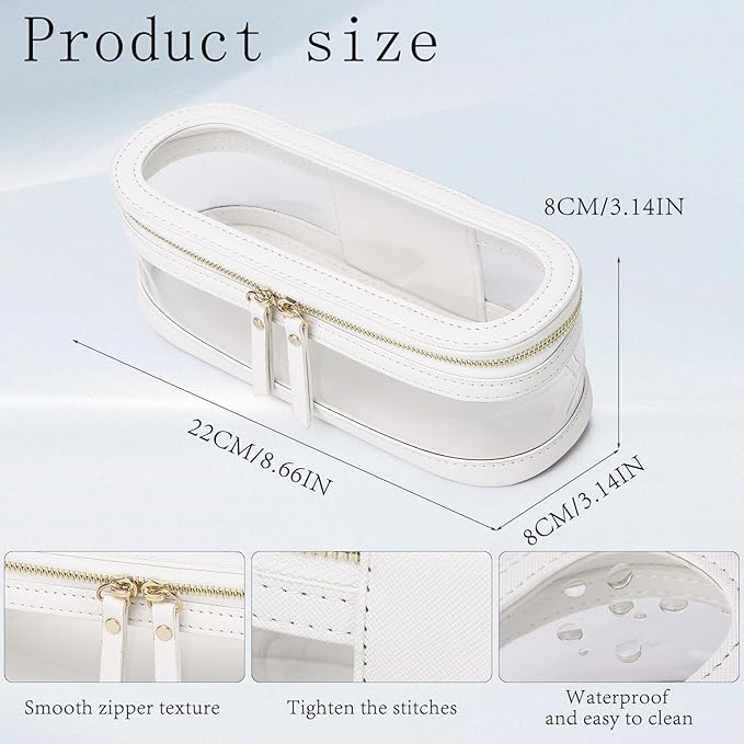 Pinkmik Makeup Brush Case Clear Travel Cosmetic & Toiletry Bag Slim Makeup Bag with Zipper Small Purse Organizer Car Essential Bag for Women (White, SLIM-2)