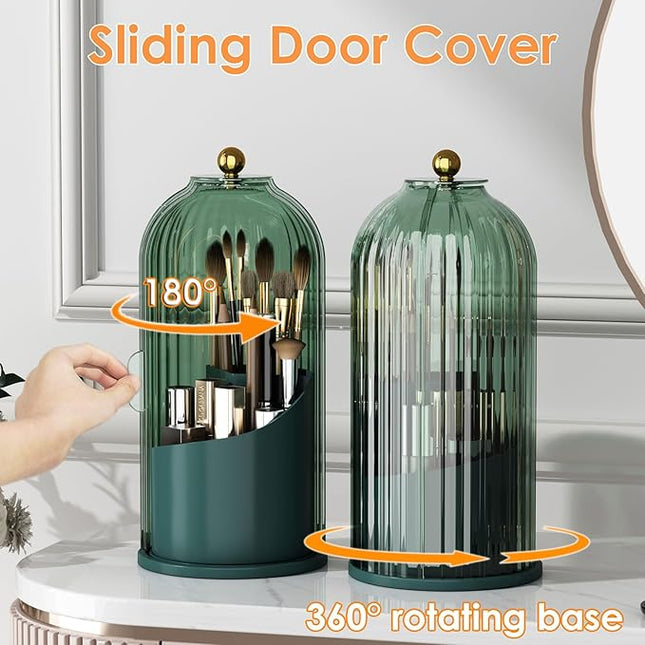 Makeup Brush Holder with Lid 360 Rotating Clear Dustproof Make Up Organizers for Vanity Bathroom Countertop, Green