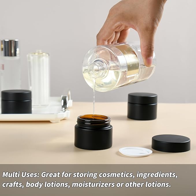 1 oz Reusable Black Glass Container Jars 24 Pack with Wide-mouth Leak Proof Cap and Inner Pull-On Lid for Travel Storage Makeup, Face Creams, Body Lotions, DIY Crafts or Others