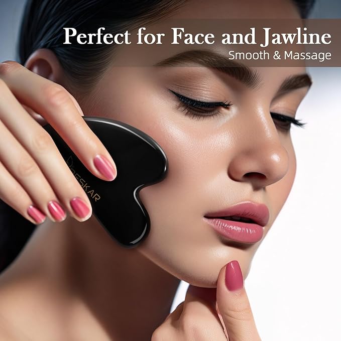 BESKAR Gua Sha Facial Tools, Natural Jade Stone Guasha Massager for Jawline Sculpting, Tighten Face Skin and Reduce Wrinkles, Face Eyes Body Neck Massage Tool, Skin Care Gift (Black)