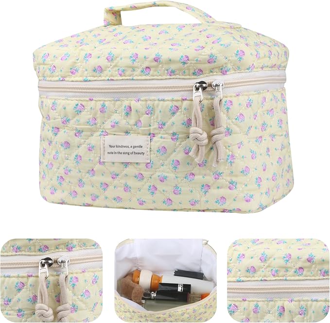 VIWIME Makeup Cosmetic Bag, Large Cotton Quilted Travel Coquette Aesthetic Cute Floral Make up Bag for Women Toiletry Bag Organizer(Purple Rose/4Pcs)