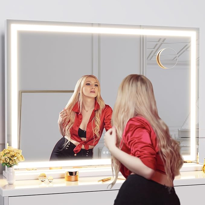Makeup Vanity Mirror with Lights 32" x 24" Large LED Makeup Mirror, Light up Mirror with 10X Magnification and USB Charging Port, Dimmable 3 Modes, Touch Screen Control Square Corner