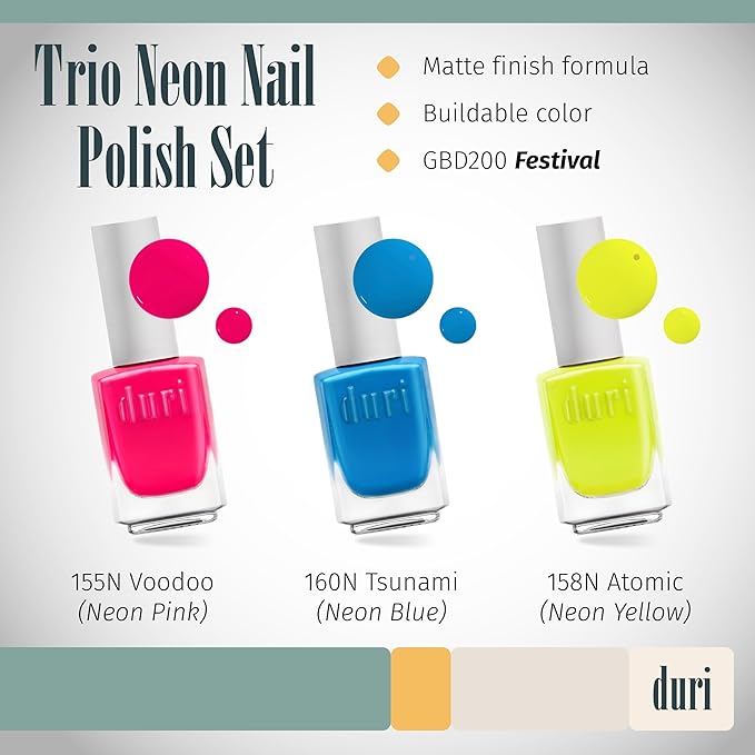 duri Trio Neon Nail Polish Set - GBD-200 Festival, Matte Finish, Quick Drying, 0.45 Fl Oz each