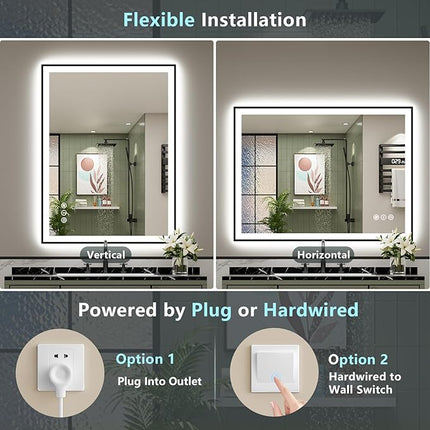 40x30 Black Framed LED Bathroom Mirror with Lights, Backlit + Front Lit, Anti-Fog Lighted Vanity Mirror for Bathroom Wall with 3 Colors, Dimmable, Memory, Tempered Glass, Horizontal/Vertical