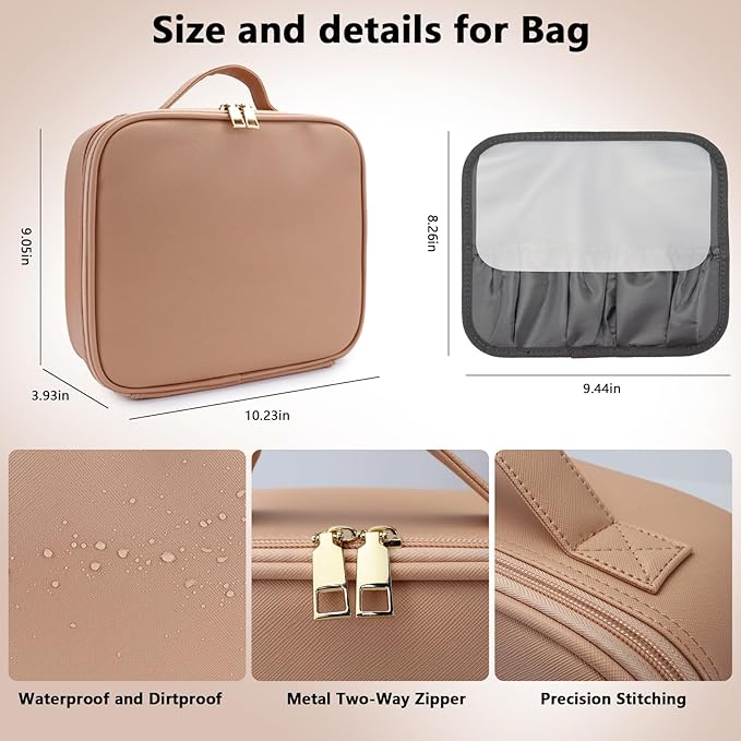 Travel Makeup Bag with LED Mirror Travel Makeup Organizer with 3 Lighted Settings, Adjustable Dividers and Makeup Brush Storage Bag Khaki