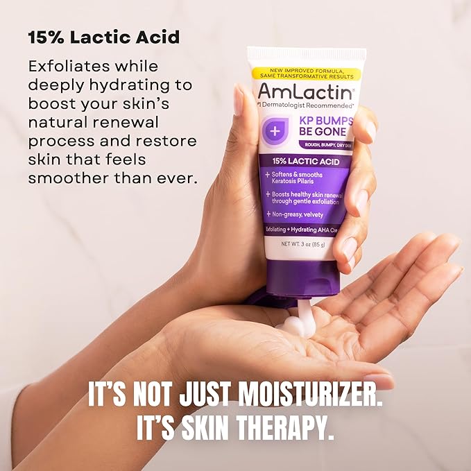 AmLactin KP Bumps Be Gone - 3 oz Keratosis Pilaris Moisturizing Cream with 15% Lactic Acid - Exfoliator and Moisturizer for Dry, Rough and Bumpy Skin, Pack of 2 (Packaging May Vary)