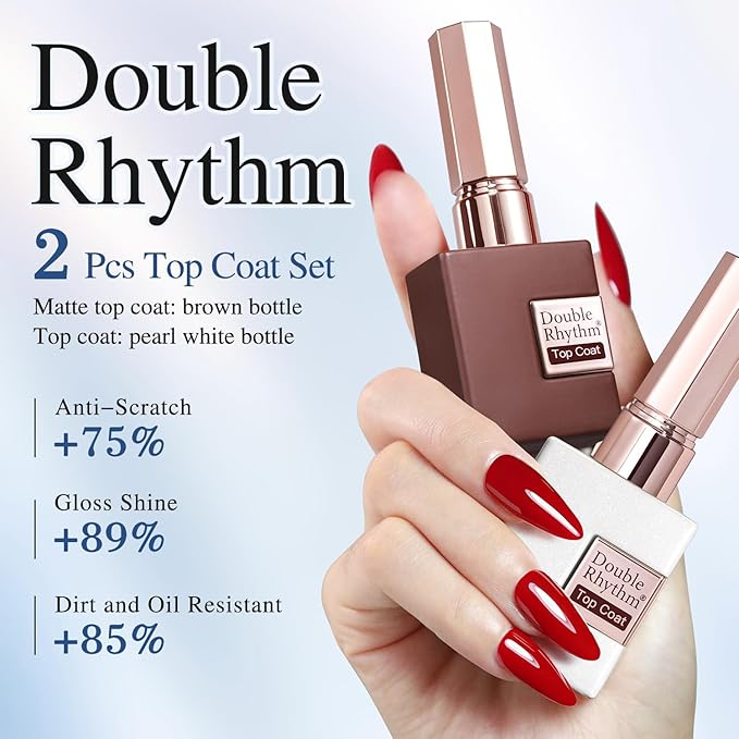 Double Rhythm 2 Pcs 15ML No Wipe Gel Top Coat and Base Coat Set Clear Glossy Gel Polish Kit Soak Off LED (Top Coat and Matte Coat)