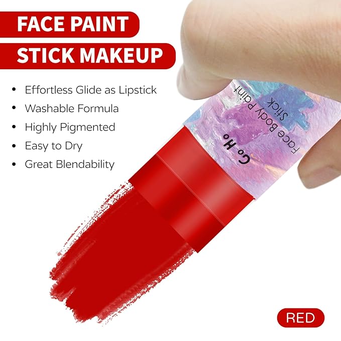 Go Ho Water Based Red Face Body Paint Stick,Non-Toxic Face Painting,Easy-to-use Facepaint for Halloween SFX Zombie Skeleton Devil Clown Cosplay Costume Makeup,0.63oz