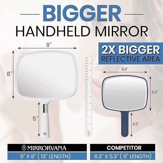 MIRRORVANA Large Hand Held Mirror with Comfy Handle for Women and Men - Personal Barber Haircut Mirror to See Back of Head - Espejo de Mano - 9" x 13" (White)