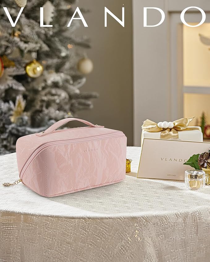 Vlando Makeup Bag,Large Capacity Toiletry Bag for Women Waterproof Portable Make up Pouch PU Leather Open Flat Cosmetic Bag(Sand Pink)