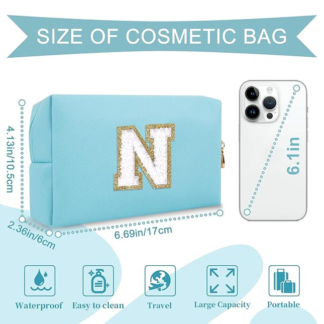 Small Personalized Initial A-Z Preppy Patch Makeup Bag,PU Chenille Letter Travel Cosmetic Pouch with Zipper,Blue Cute Toiletry Bag,Gift Ideal for Teen Girls Women Teacher Bridesmaid,Letter N