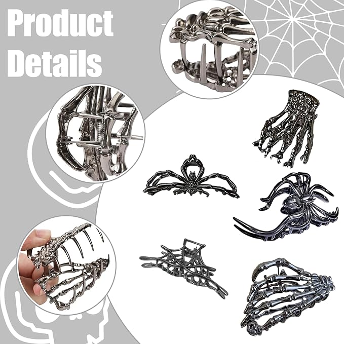 6 Pack Skull Skeleton Hair Claw Clips, Gothic Punk Hair Accessories for Women Girls, Halloween Spider Web Metal Barrettes for Thick Thin Hair Styling (Black Silver)