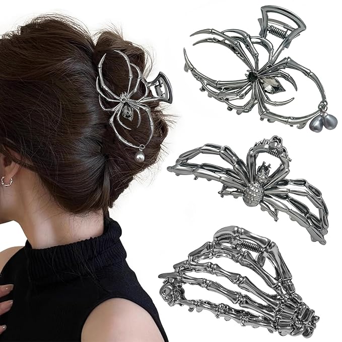 3 Pieces Large Metal Spider Net Hand Hair Claw Clips for Women and Girls Thick Long Hair, Nonslip Skeleton Spooky Barrette Headband Hair Styling Accessories for Halloween Christmas Gifts