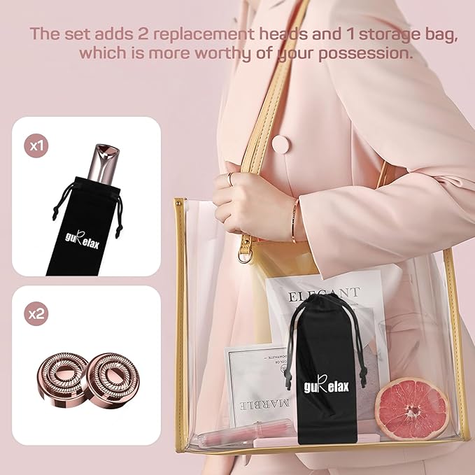 Facial Hair Removal for Women, Electric Painless Facial Hair Remover, Rechargeable Hair Removal Device for Face, Lip, Chin with 2 x Replacement Heads, Rose Gold