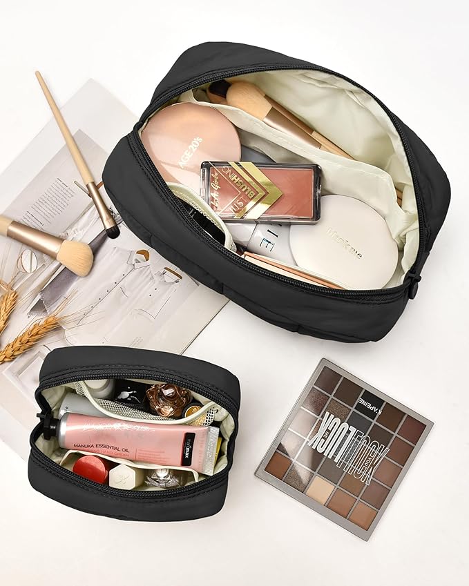 oscaurt 2 Pcs Makeup Bag Travel Toiletry Bag for Women Puffy Padded Cosmetic Pouch Purse Wide-open Makeup Organizer Case Travel Essentials