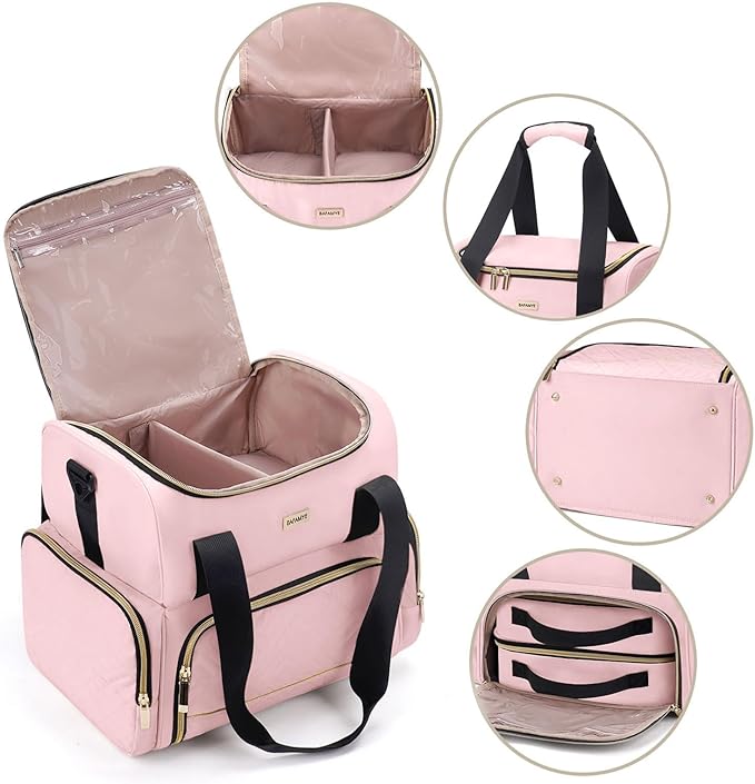 Large Makeup Cosmetic Bag with 2 Removable Case, Double Layer Travel Makeup Organizer Case, travel Toiletry Bag For Women, Pink